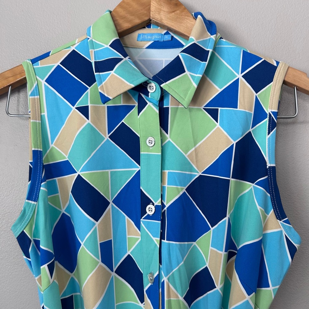 J.McLaughlin Shirt Dress Womens Medium Blue Geometric Sleeveless Belted Pockets